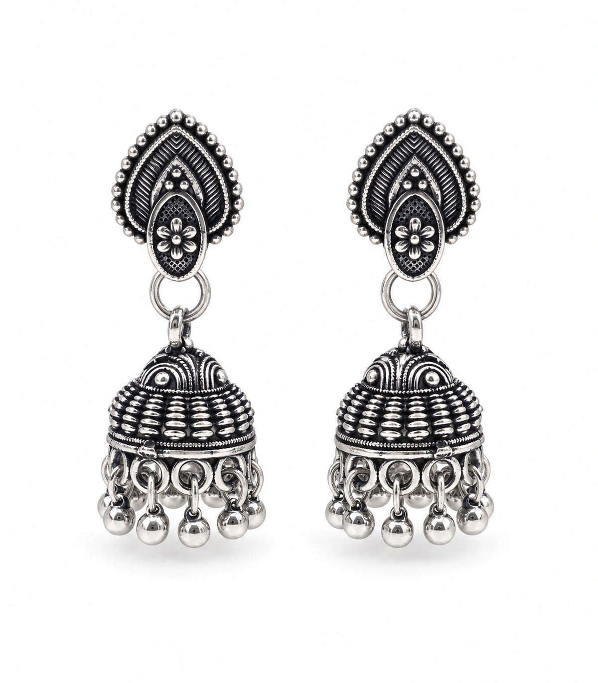 JIMIKI Leaf Stud Beaded Jhumka Earrings - Oxidized Silver matching pair on a white background #color_oxidized-silver