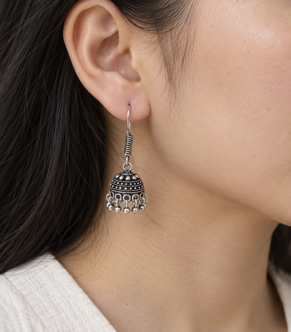 JIMIKI Oxidized Silver Mini Beaded Dome Hook Jhumka Earrings in Oxidized Silver - close-up details #color_oxidized-silver