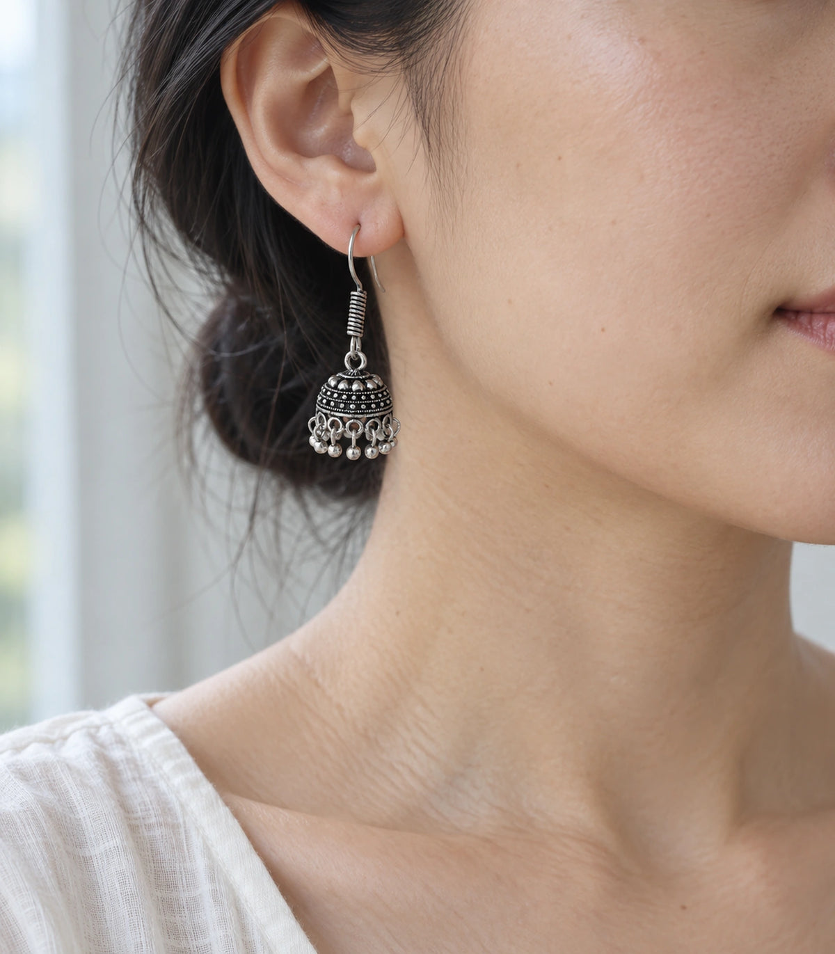 JIMIKI Oxidized Silver Mini Beaded Dome Hook Jhumka Earrings in Oxidized Silver - editorial worn view #color_oxidized-silver