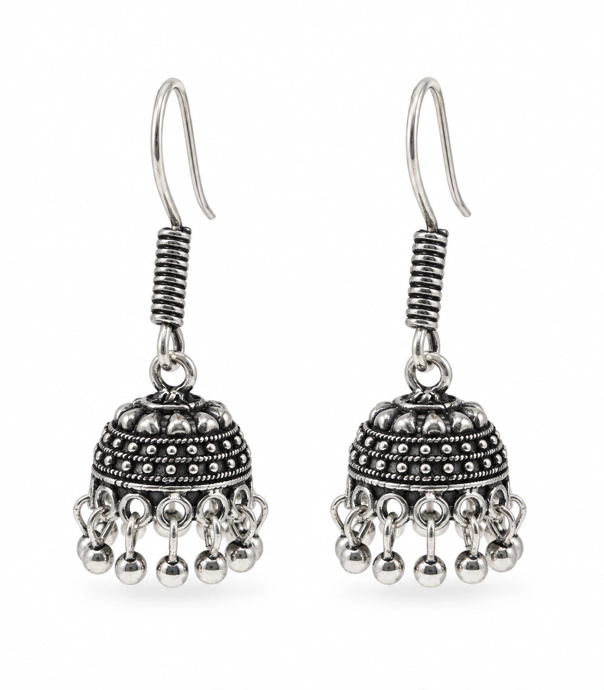 JIMIKI Oxidized Silver Mini Beaded Dome Hook Jhumka Earrings in Oxidized Silver - pair on white #color_oxidized-silver