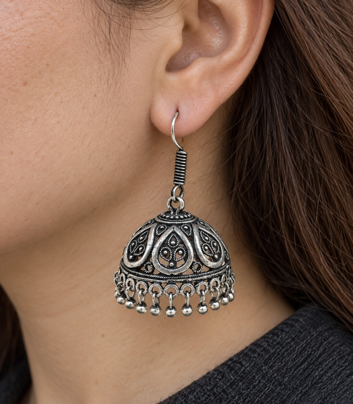 JIMIKI Oxidized Silver Openwork Teardrop Hook Jhumka Earrings in Oxidized Silver - close-up details #color_oxidized-silver