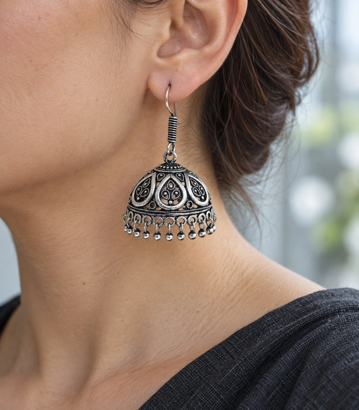 JIMIKI Oxidized Silver Openwork Teardrop Hook Jhumka Earrings in Oxidized Silver - editorial worn view #color_oxidized-silver