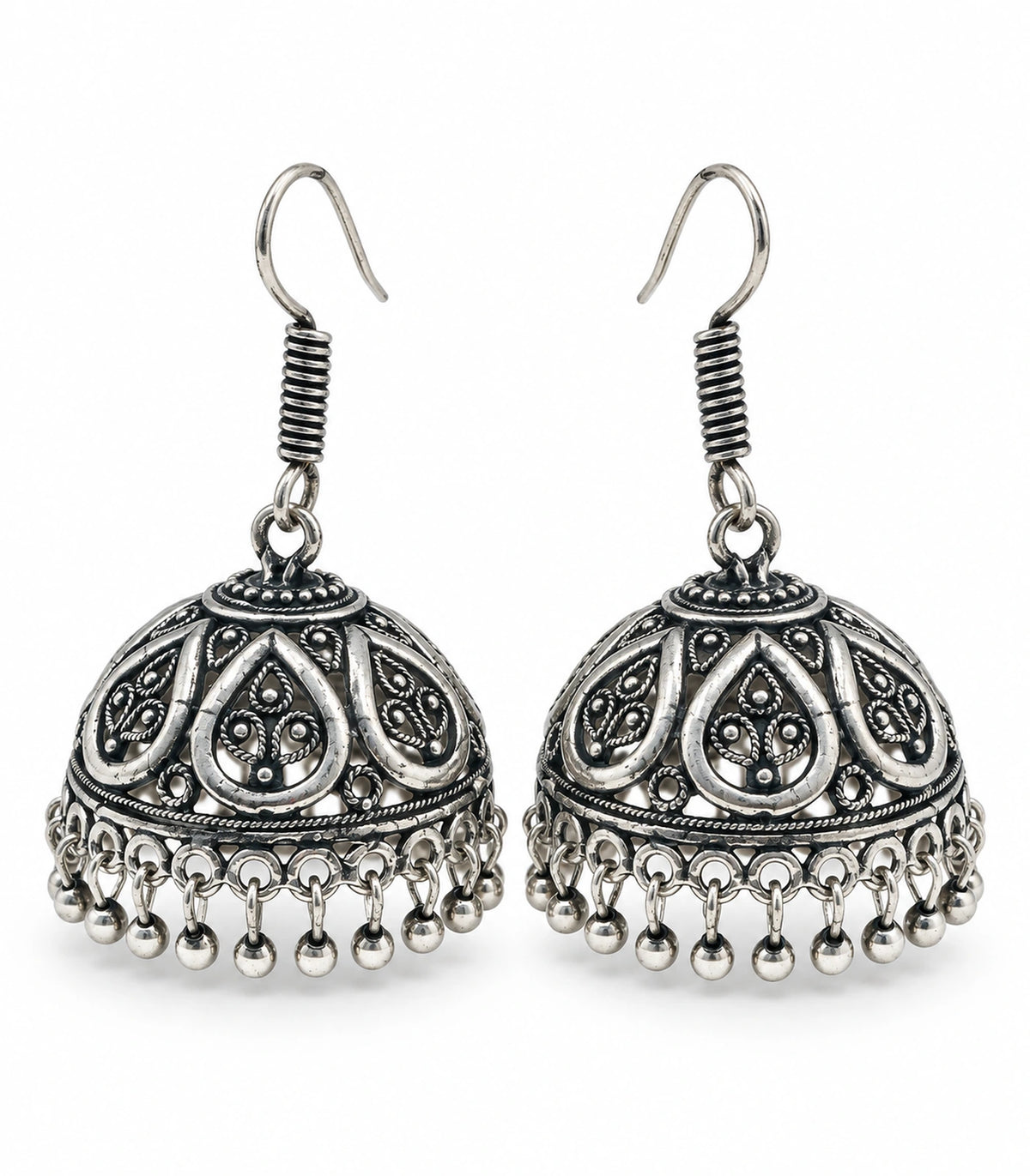 JIMIKI Oxidized Silver Openwork Teardrop Hook Jhumka Earrings in Oxidized Silver - pair on white #color_oxidized-silver
