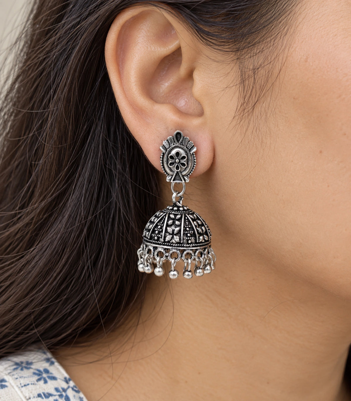 JIMIKI Oxidized Silver Oval Flower Stud Panel Jhumka Earrings in Oxidized Silver - close-up details #color_oxidized-silver
