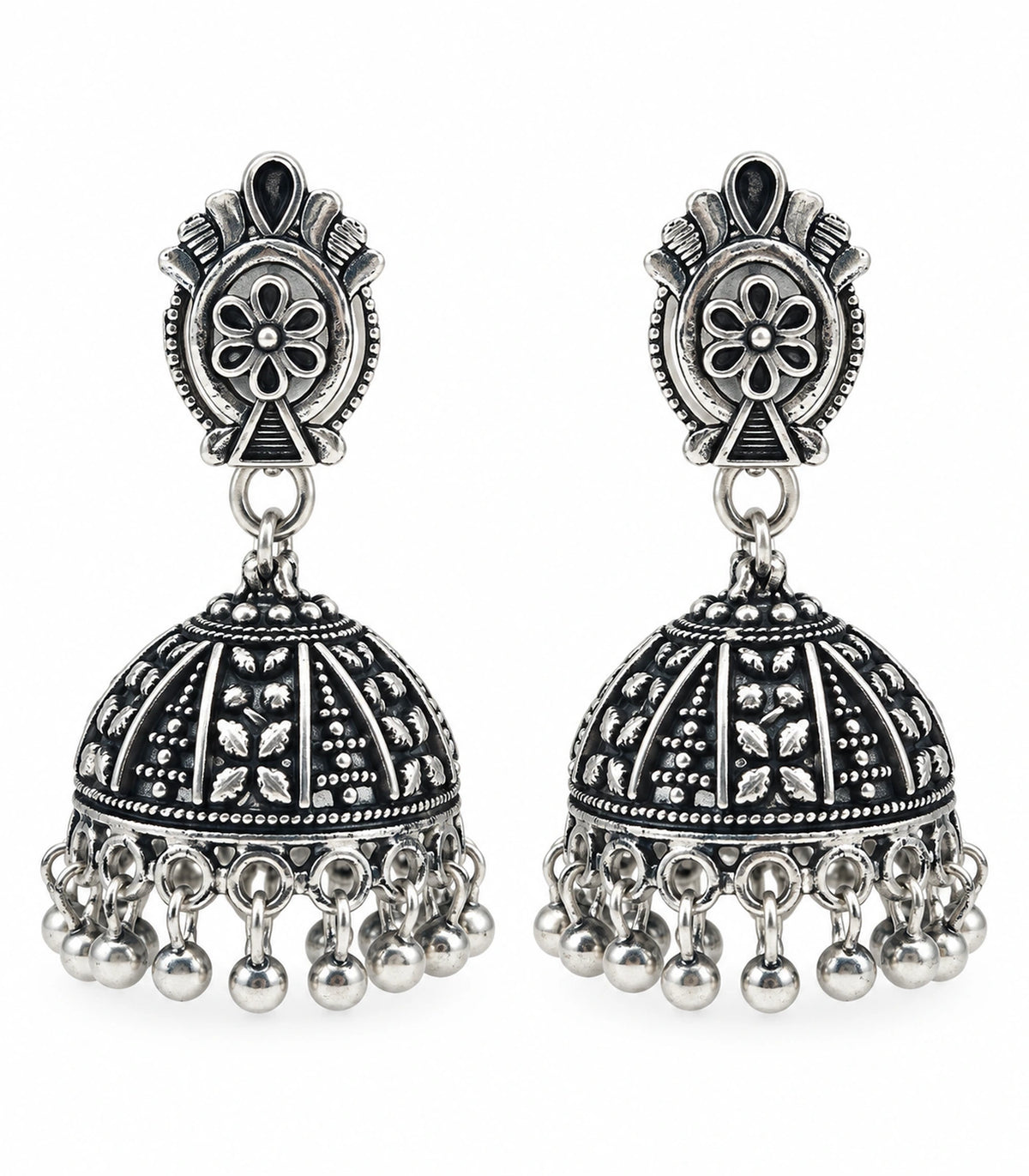 JIMIKI Oxidized Silver Oval Flower Stud Panel Jhumka Earrings in Oxidized Silver - pair on white #color_oxidized-silver