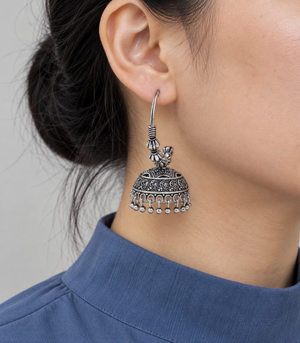 JIMIKI Paisley Beaded Hoop Jhumka Earrings in Oxidized Silver - worn styling view #color_oxidized-silver