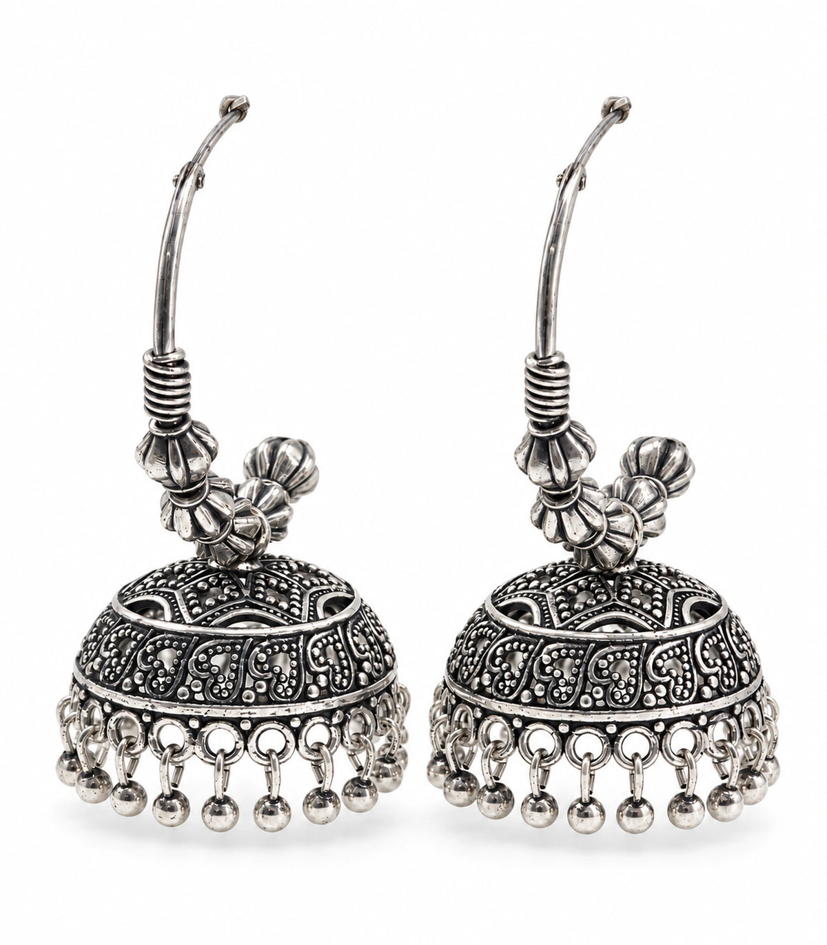 JIMIKI Paisley Beaded Hoop Jhumka Earrings in Oxidized Silver - pair on white #color_oxidized-silver