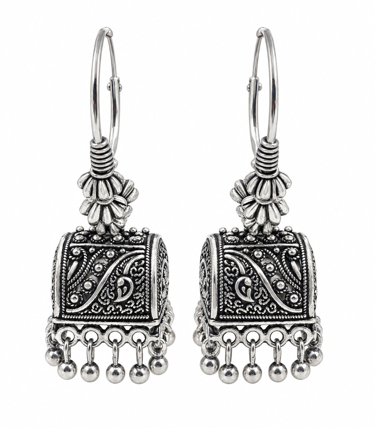 JIMIKI Oxidized Silver Paisley Cube Hoop Earrings - matching pair on white #color_oxidized-silver