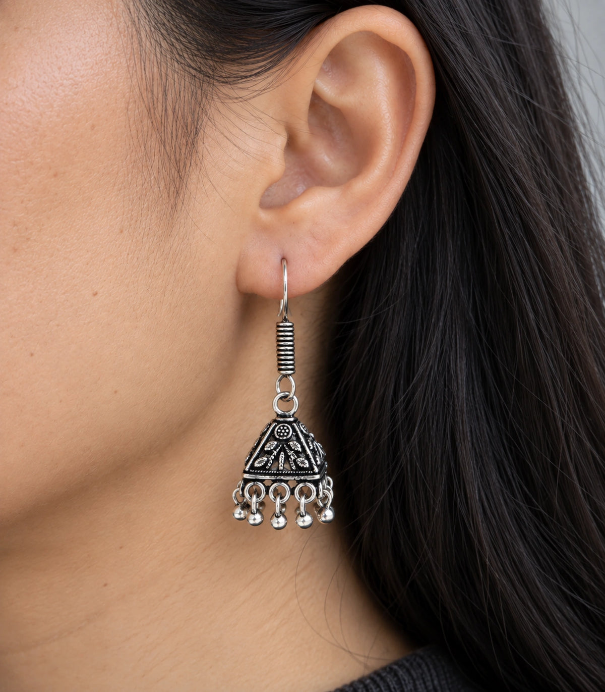 JIMIKI Pyramid Floral Hook Jhumka Earrings in Oxidized Silver - close-up details #color_oxidized-silver