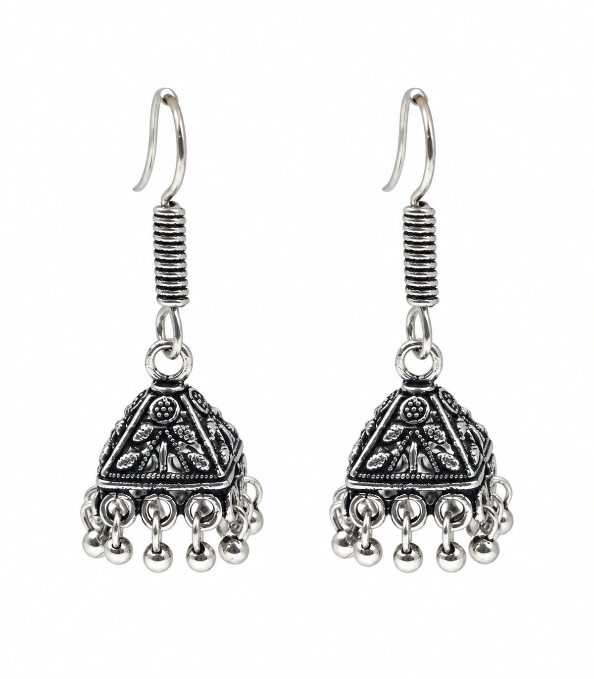 JIMIKI Pyramid Floral Hook Jhumka Earrings in Oxidized Silver - pair on white #color_oxidized-silver