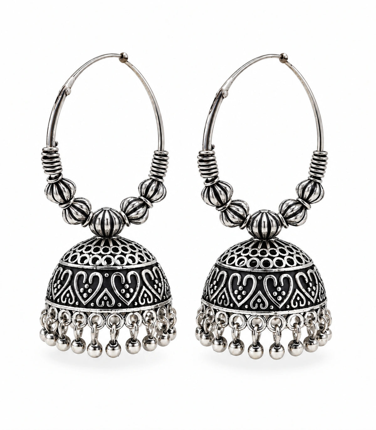 JIMIKI Oxidized Silver Ribbed Bead Hoop Heart Jhumka Earrings in Oxidized Silver - pair on white #color_oxidized-silver