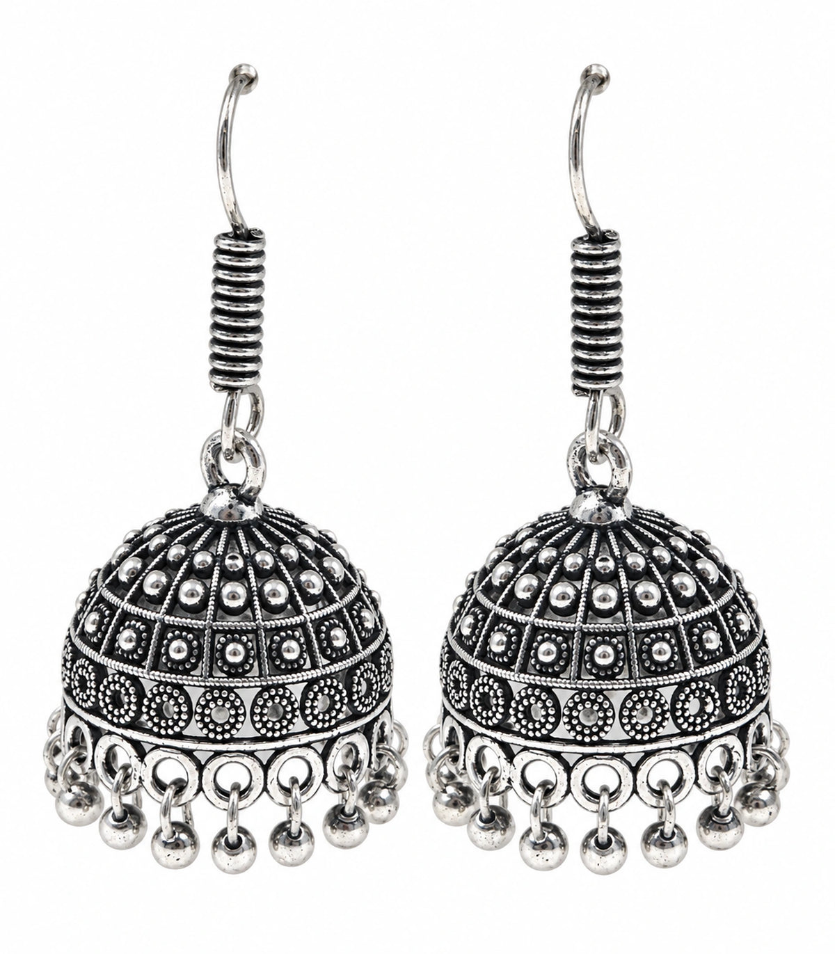 JIMIKI Oxidized Silver Rosette Grid Dome Jhumka Earrings - matching pair on a white background #color_oxidized-silver