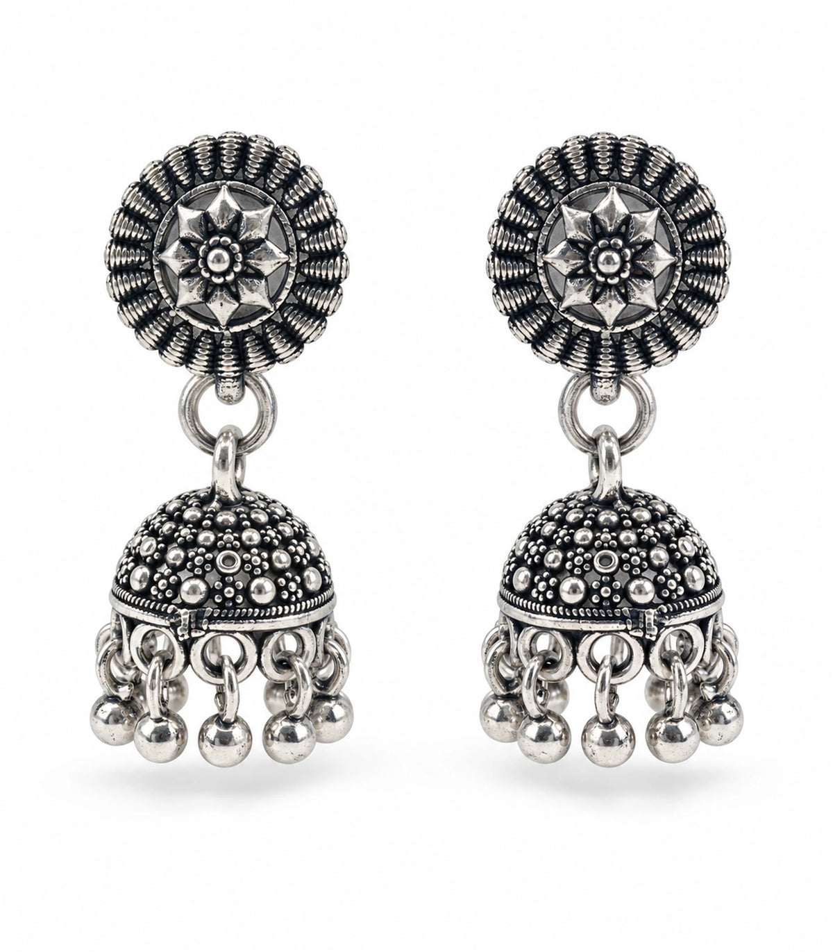 JIMIKI Oxidized Silver Rosette Stud Dotted Jhumka Earrings in Oxidized Silver - pair on white #color_oxidized-silver