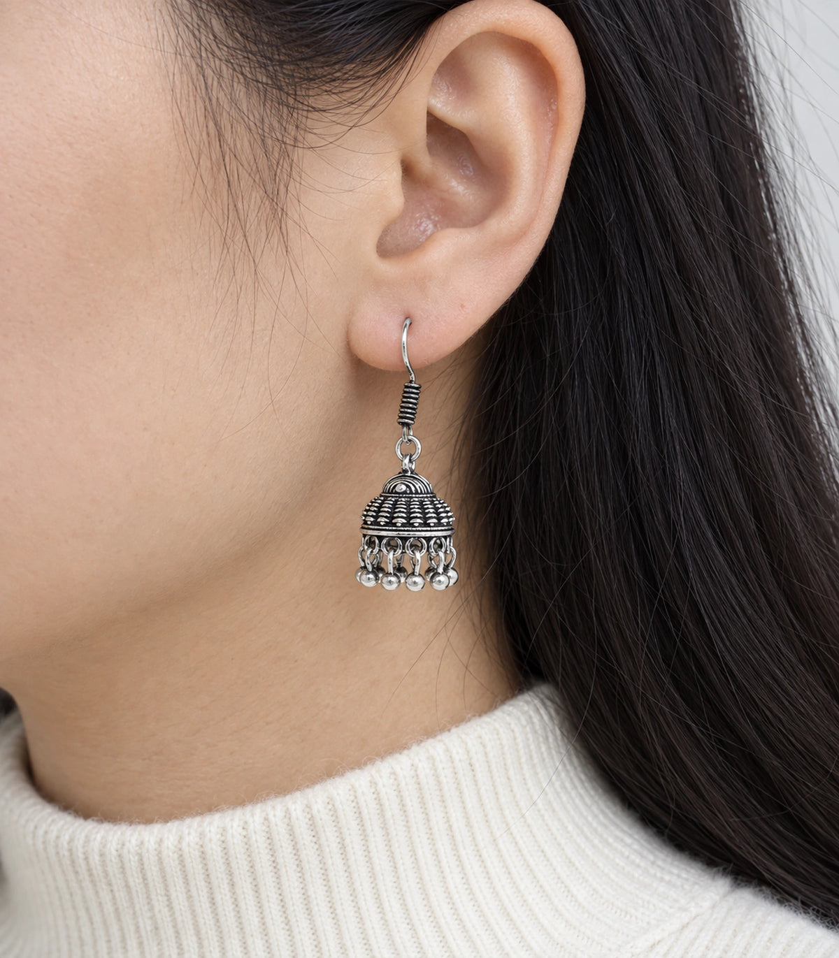 JIMIKI Oxidized Silver Scale Dome Hook Jhumka Earrings - Close-up of the earring details #color_oxidized-silver