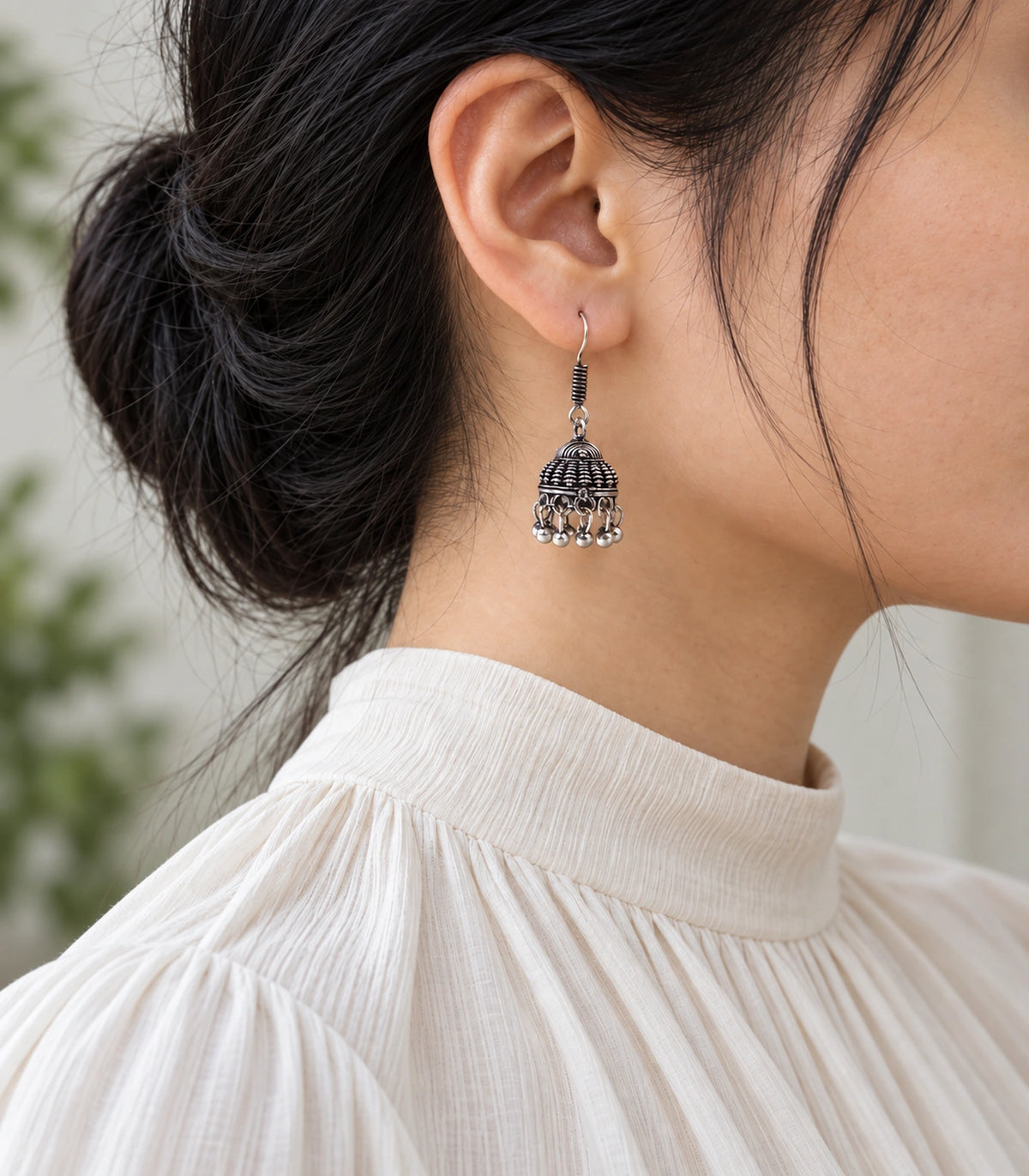 JIMIKI Oxidized Silver Scale Dome Hook Jhumka Earrings - Editorial worn view #color_oxidized-silver