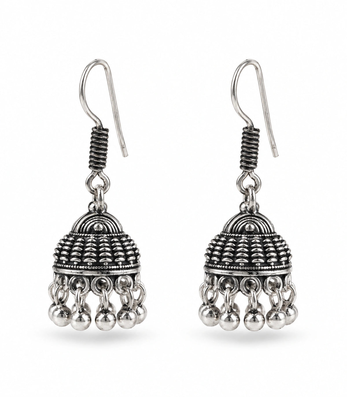 JIMIKI Oxidized Silver Scale Dome Hook Jhumka Earrings - Matching pair on a white background #color_oxidized-silver