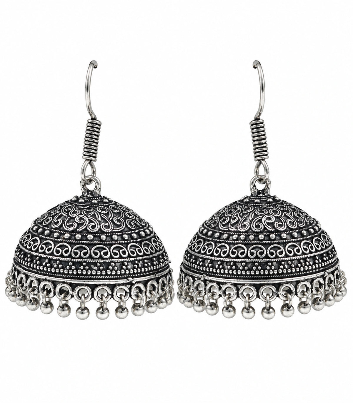 JIMIKI Oxidized Silver Scroll Dome Hook Jhumka Earrings - Oxidized Silver matching pair on a white background #color_oxidized-silver