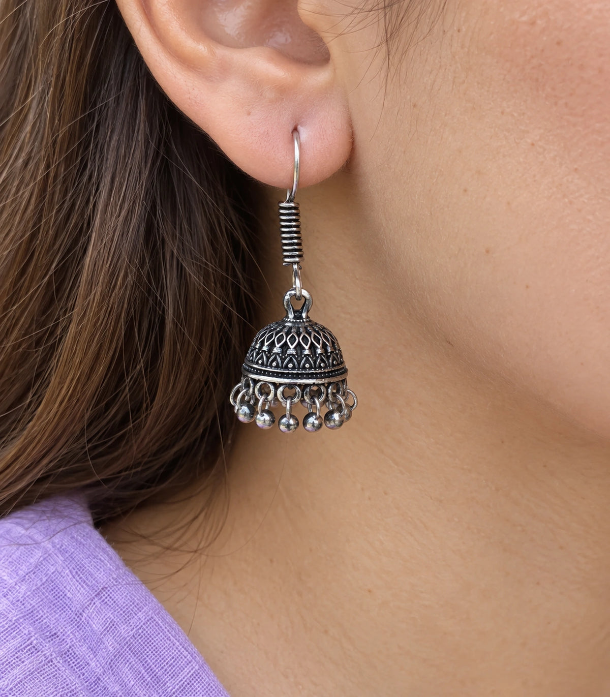 JIMIKI Oxidized Silver Small Leaf Lattice Hook Jhumka Earrings in Oxidized Silver - close-up details #color_oxidized-silver