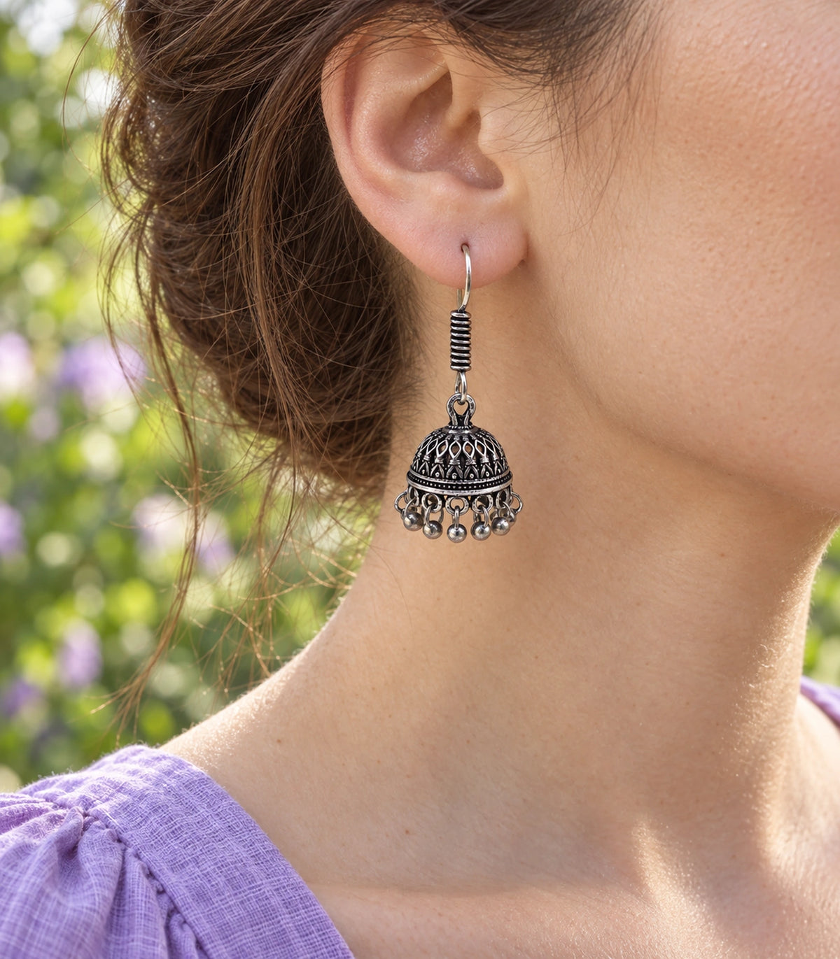 JIMIKI Oxidized Silver Small Leaf Lattice Hook Jhumka Earrings in Oxidized Silver - editorial worn view #color_oxidized-silver
