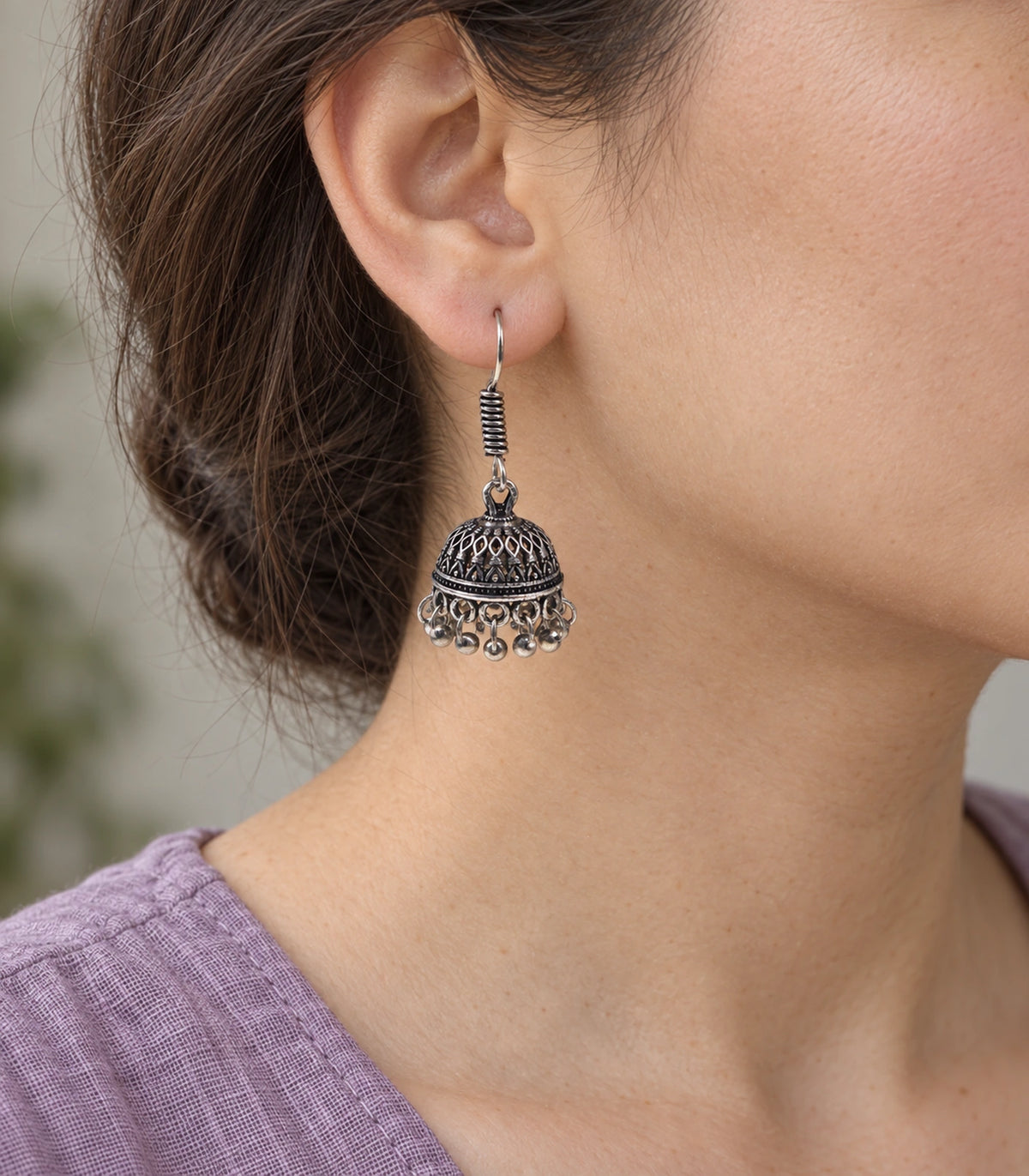 JIMIKI Oxidized Silver Small Leaf Lattice Hook Jhumka Earrings in Oxidized Silver - worn styling view #color_oxidized-silver