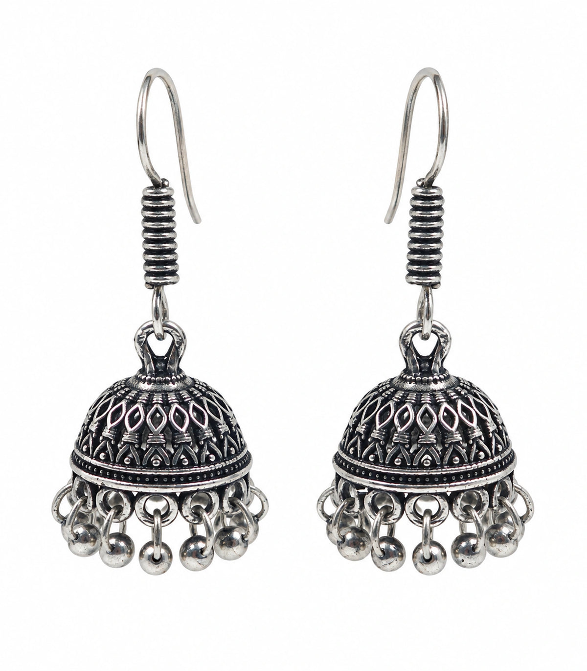 JIMIKI Oxidized Silver Small Leaf Lattice Hook Jhumka Earrings in Oxidized Silver - pair on white #color_oxidized-silver