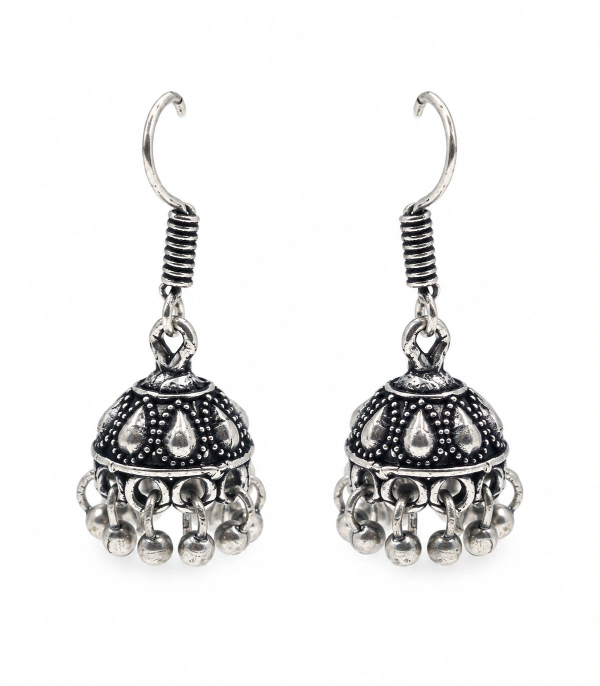 JIMIKI Oxidized Silver Teardrop Mini Jhumka Earrings - matching pair on a white background #color_oxidized-silver