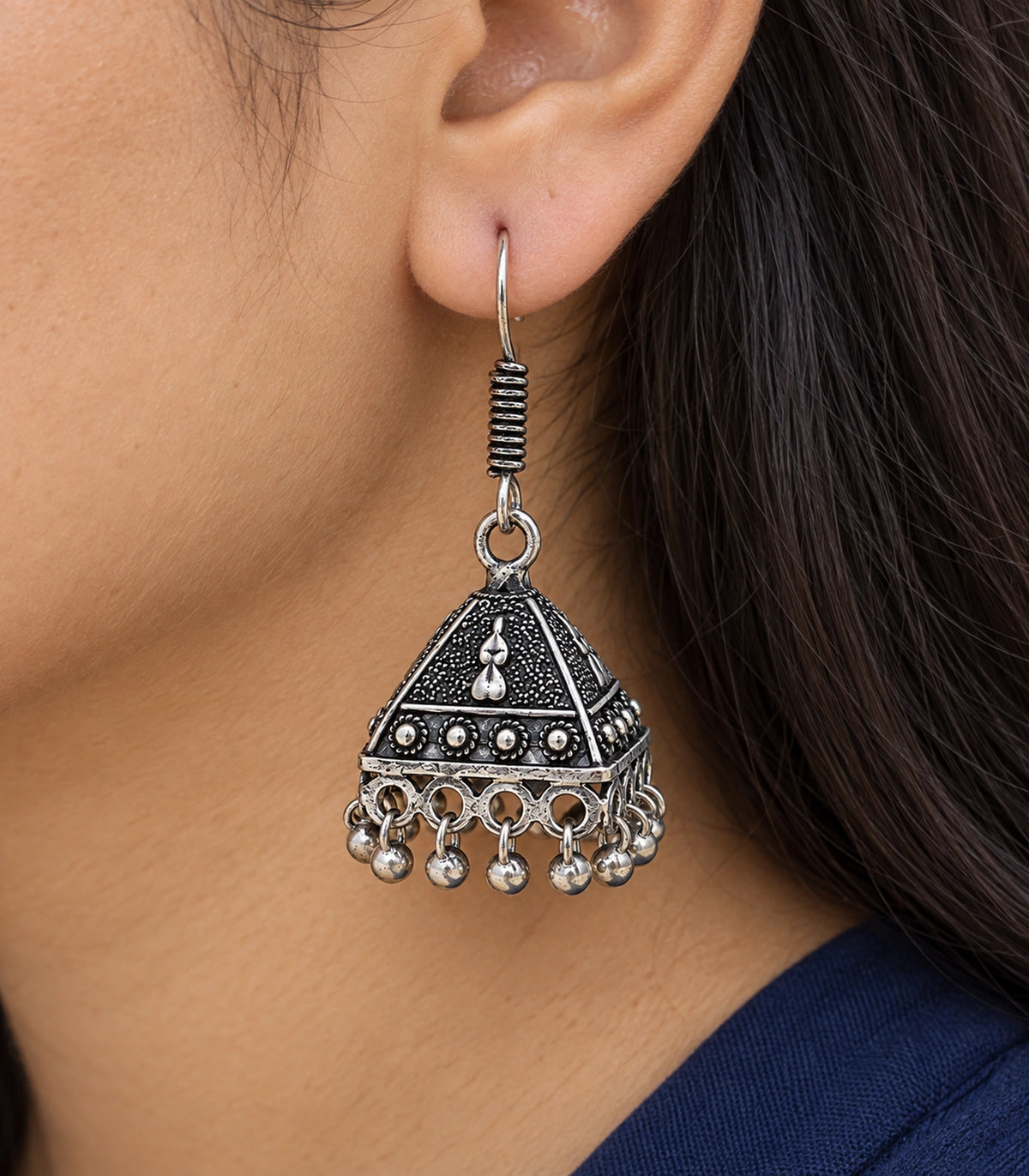 JIMIKI Oxidized Silver Teardrop Pyramid Jhumka Earrings - Close-up of the earring details #color_oxidized-silver