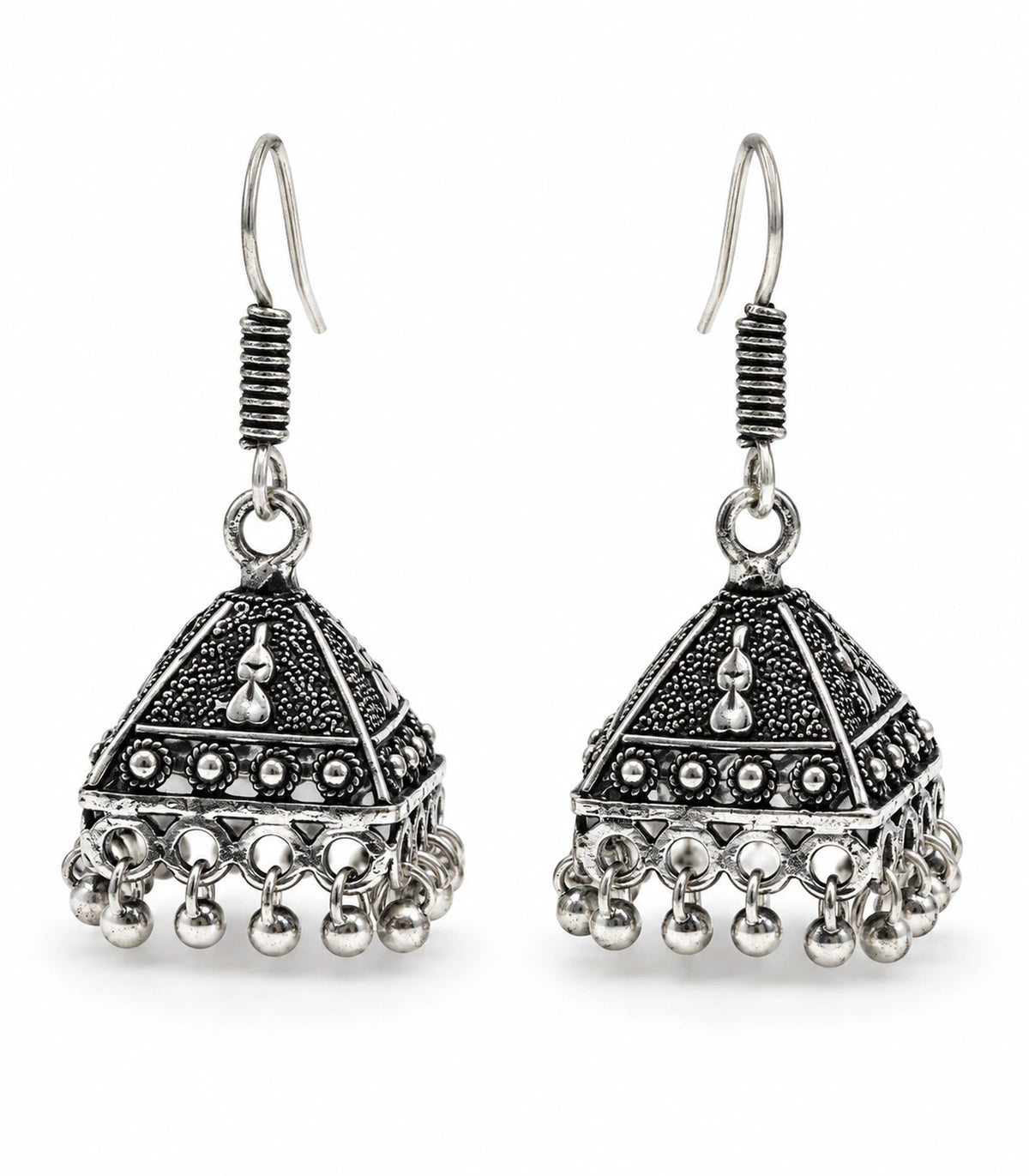 JIMIKI Oxidized Silver Teardrop Pyramid Jhumka Earrings - Matching pair on a white background #color_oxidized-silver