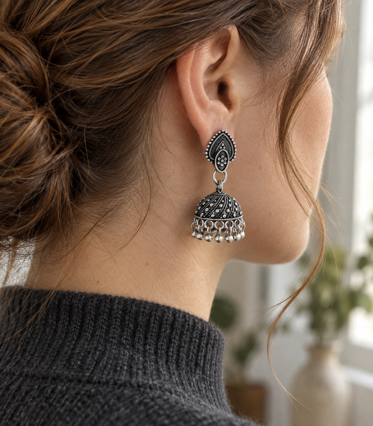 JIMIKI Oxidized Silver Teardrop Stud Dotted Dome Jhumka Earrings in Oxidized Silver - editorial worn view #color_oxidized-silver