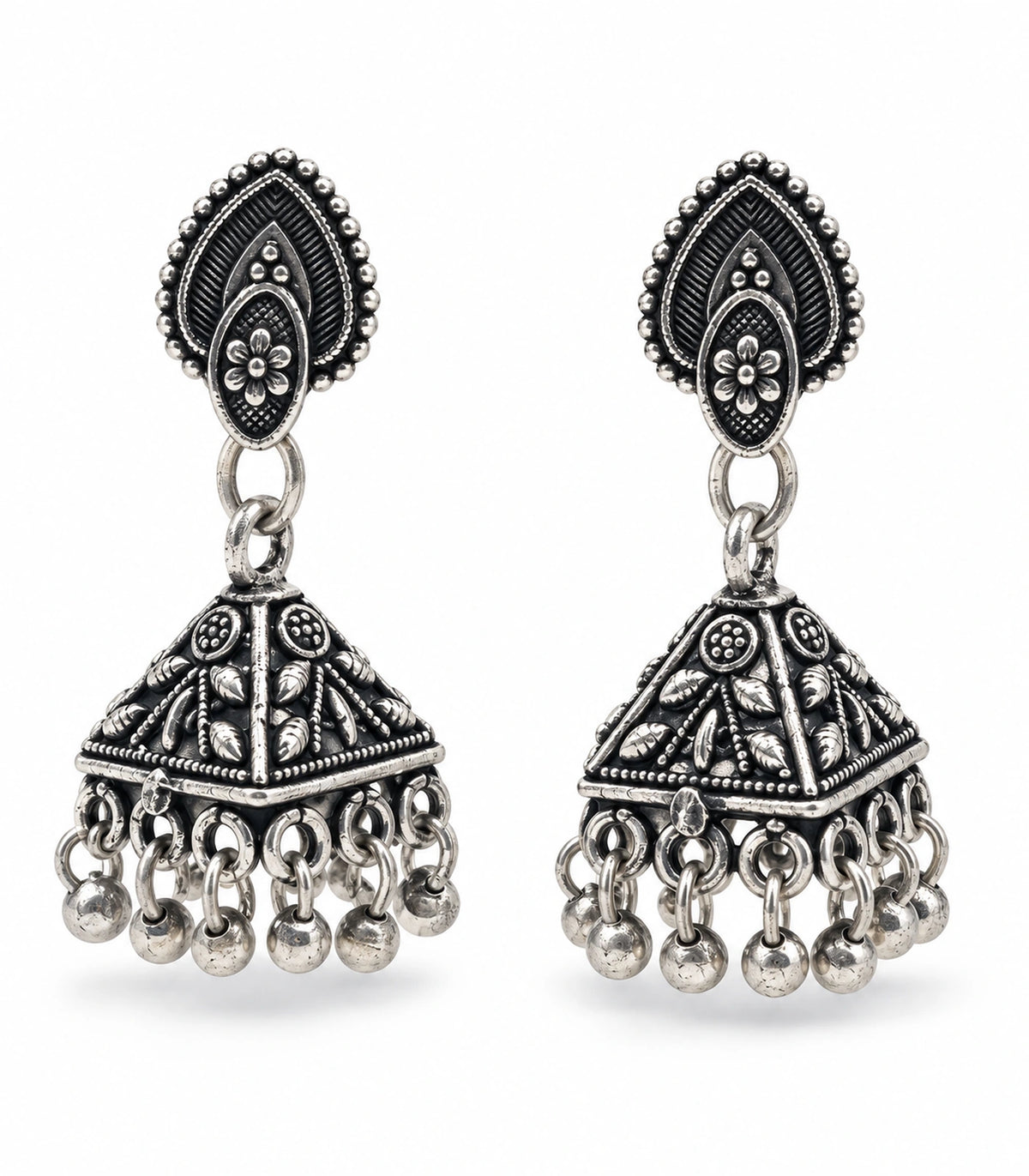 JIMIKI Oxidized Silver Teardrop Stud Floral Pyramid Jhumka Earrings in Oxidized Silver - pair on white #color_oxidized-silver
