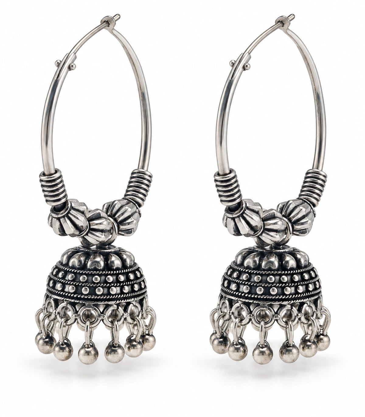 JIMIKI Oxidized Silver Three Bead Hoop Banded Jhumka Earrings in Oxidized Silver - pair on white #color_oxidized-silver