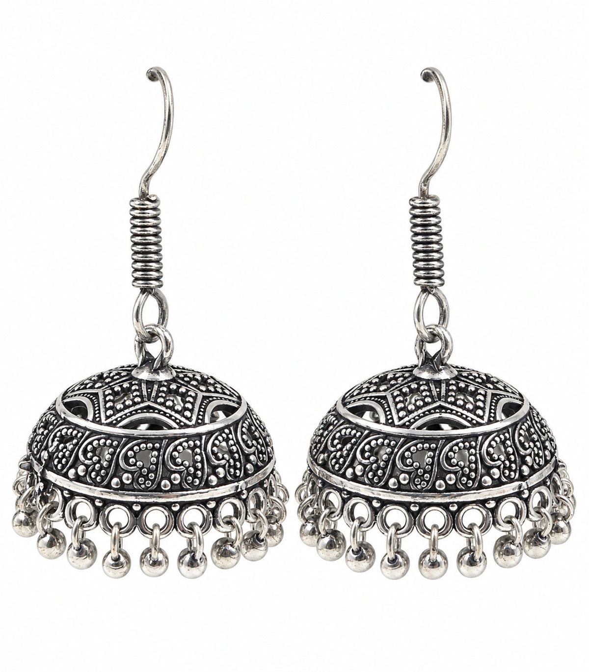 JIMIKI Oxidized Silver Wide Paisley Dome Hook Jhumka Earrings in Oxidized Silver - pair on white #color_oxidized-silver