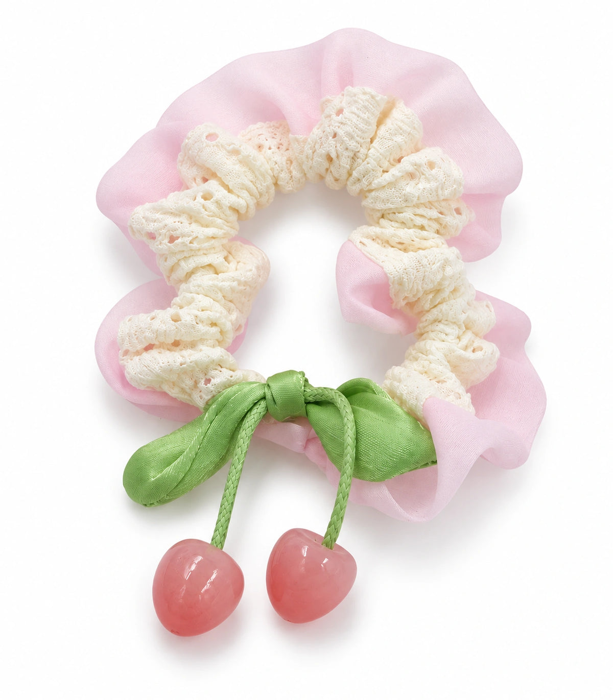 JIMIKI Lace Scrunchie With Cherry Charms in Pale Pink, white background product view #color_pale pink