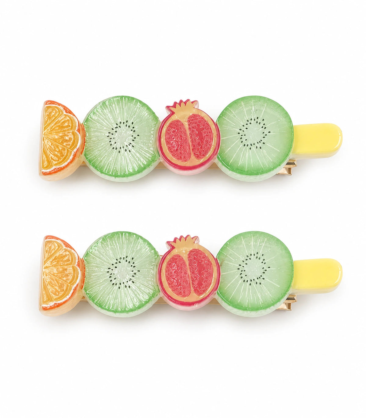Pastel Citrus Mint Kiwi Pomegranate Barrette Pair on a clean white background