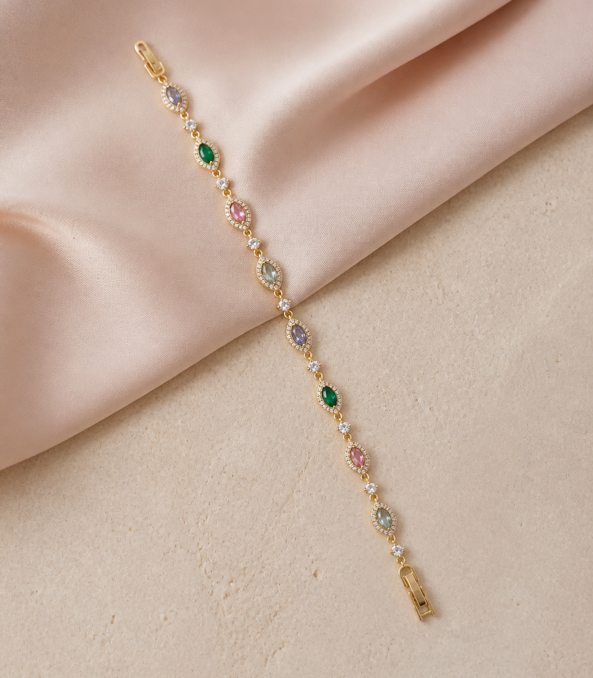 Pastel Marquise Crystal Link Bracelet in an editorial flat lay