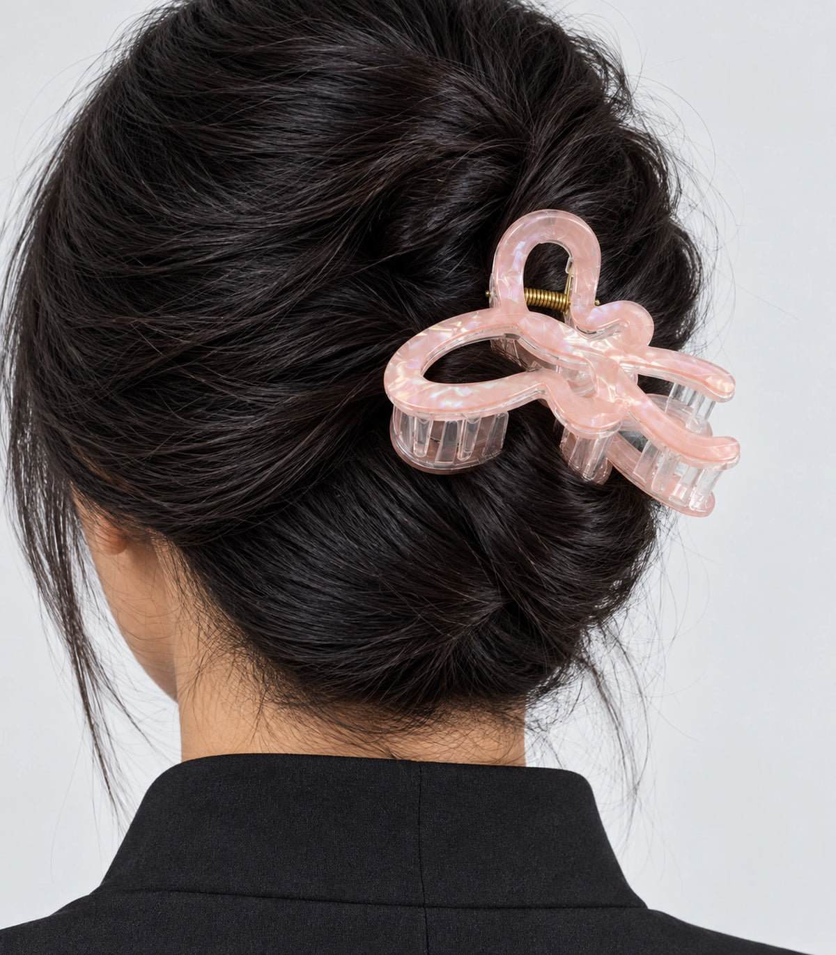 JIMIKI Iridescent Butterfly Hair Claw Clips in Peach, model wearing view #color_peach