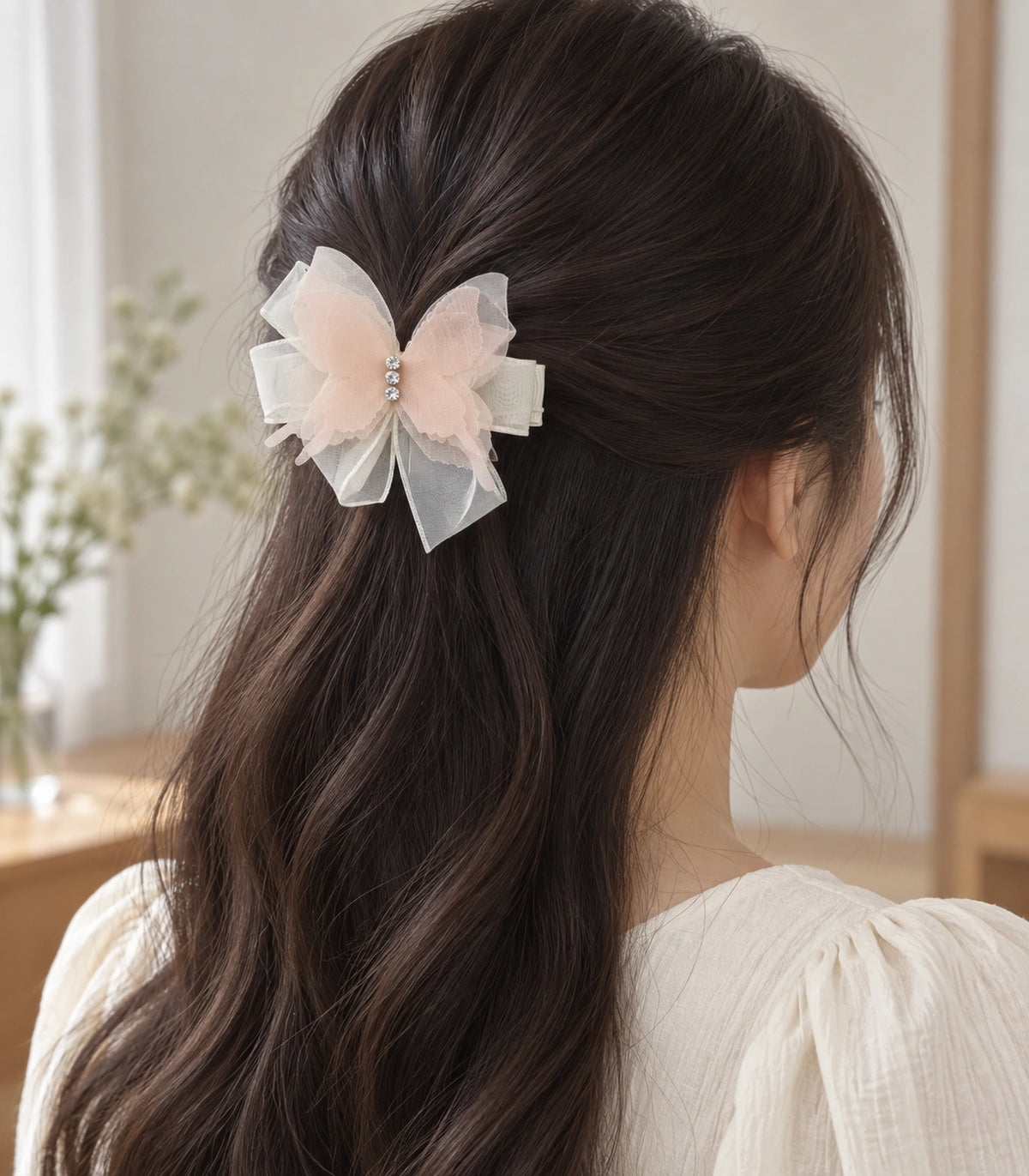JIMIKI Organza Butterfly Bow Hair Clips in Peach, model wearing view #color_peach
