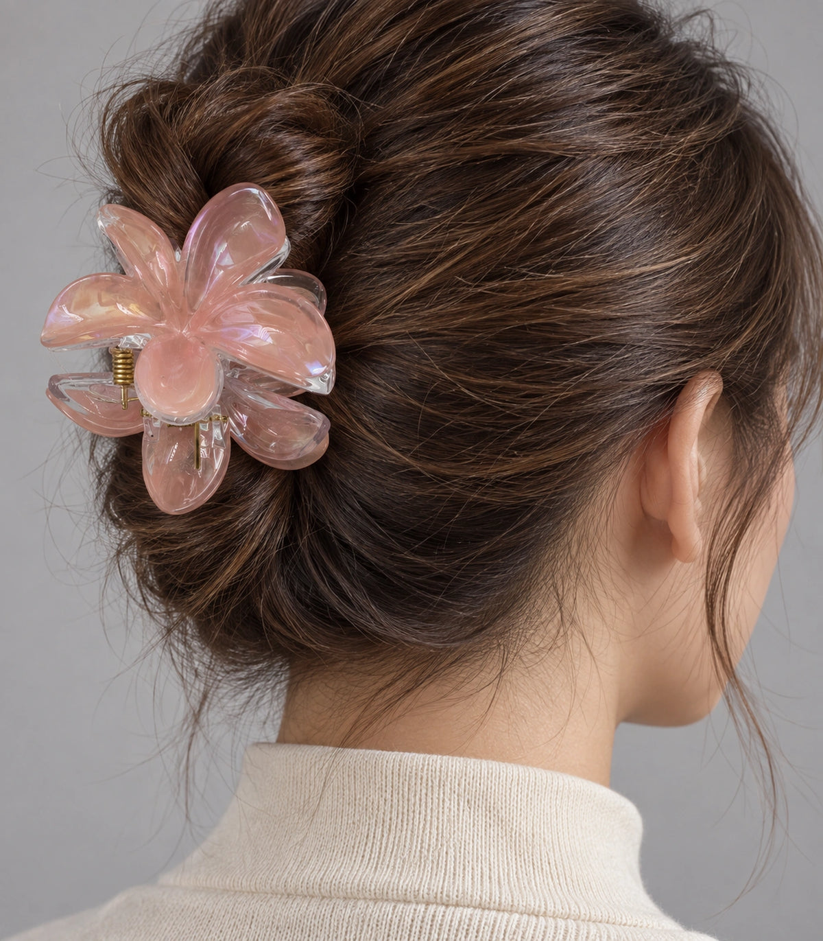 JIMIKI Iridescent Five Petal Flower Hair Claw Clips in Peach / Pink, close-up detail #color_peach / pink