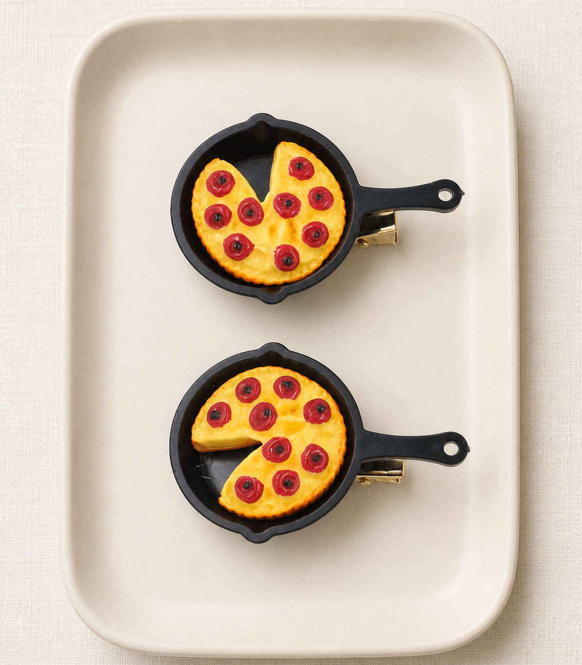 Pepperoni Pizza Pan Barrette Pair editorial flat lay