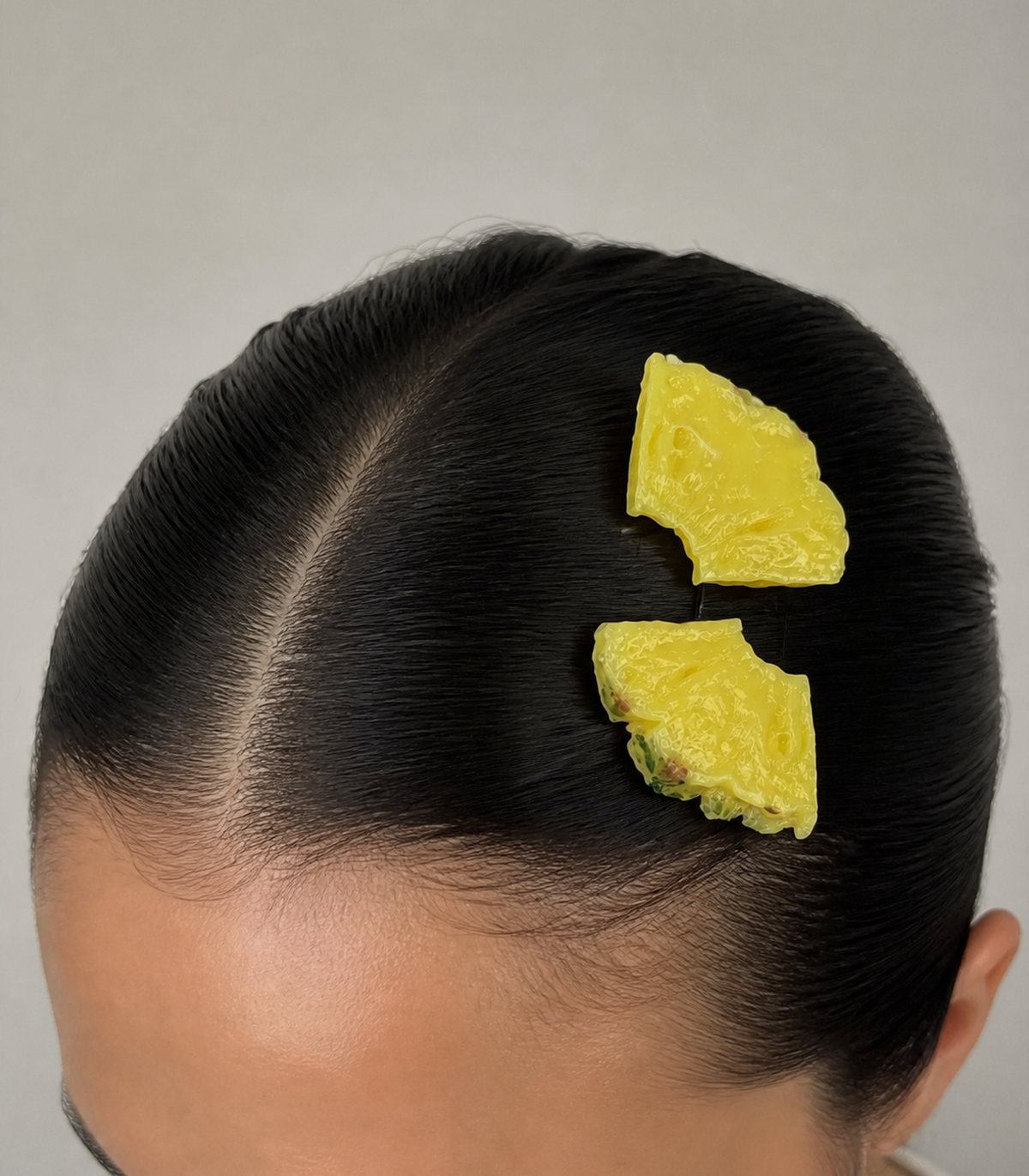 Pineapple Slice Barrette Pair worn in hair