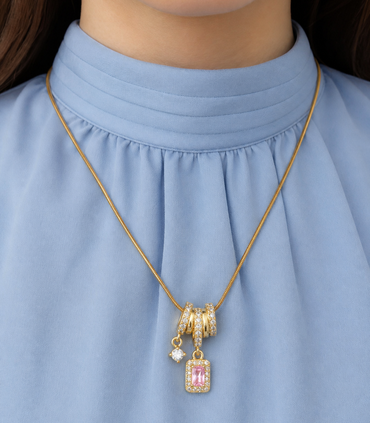 Close-up of Pink Baguette Charm Necklace