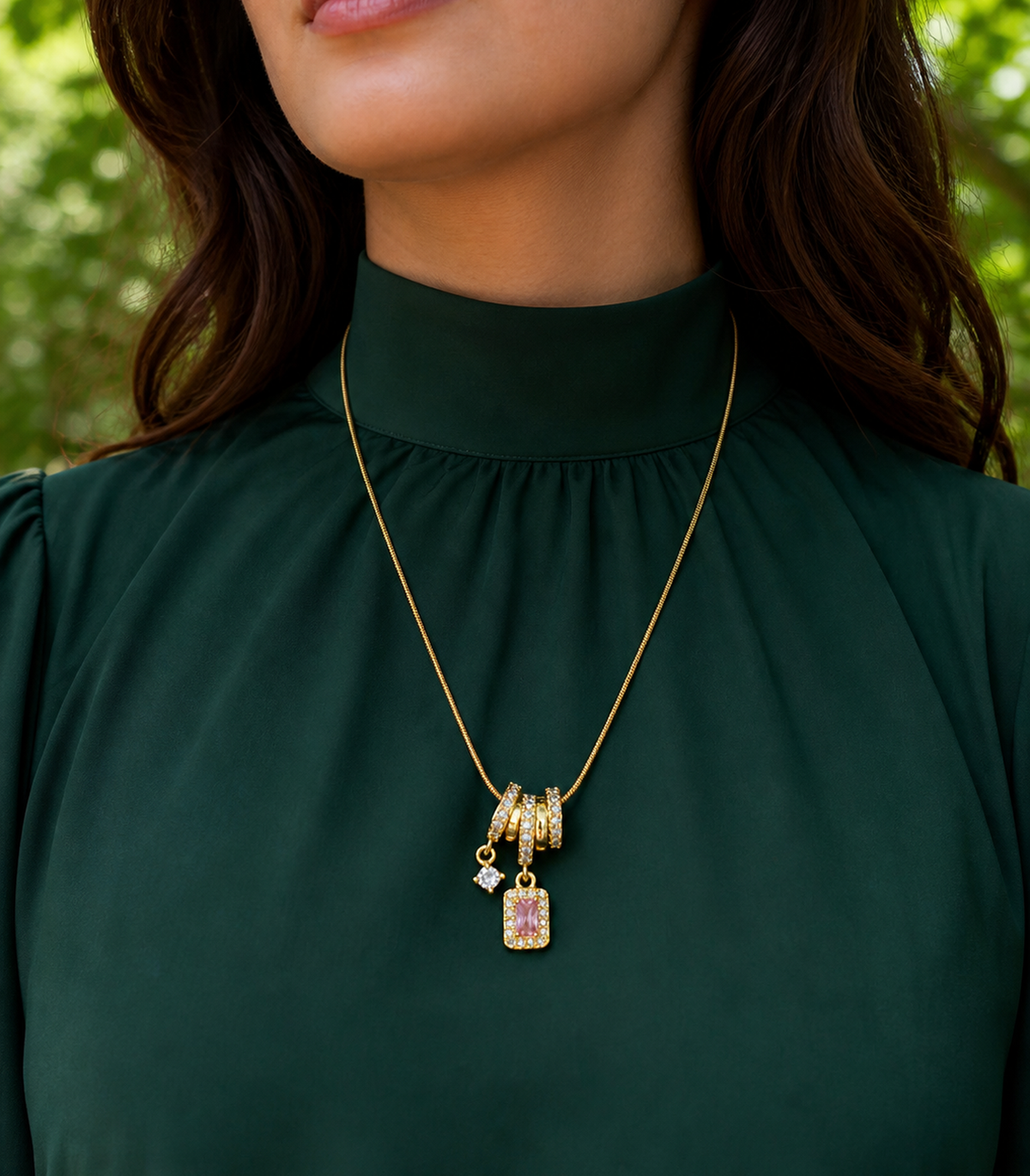 Pink Baguette Charm Necklace styled on a model