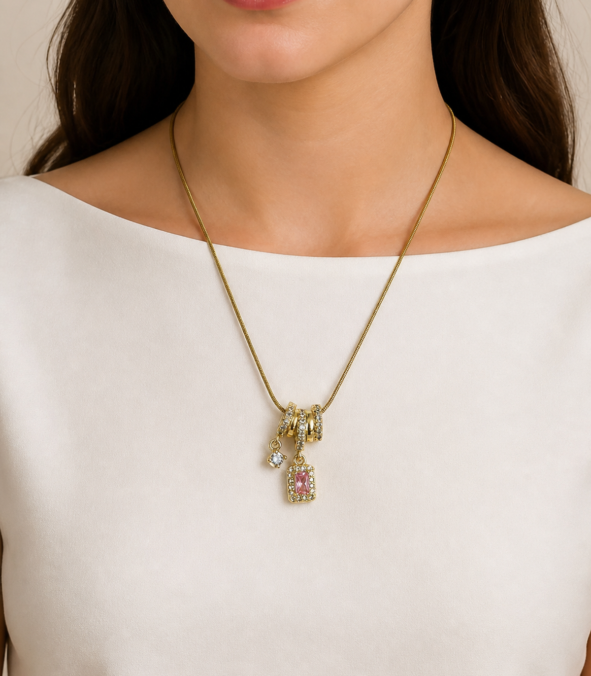 Pink Baguette Charm Necklace worn by model