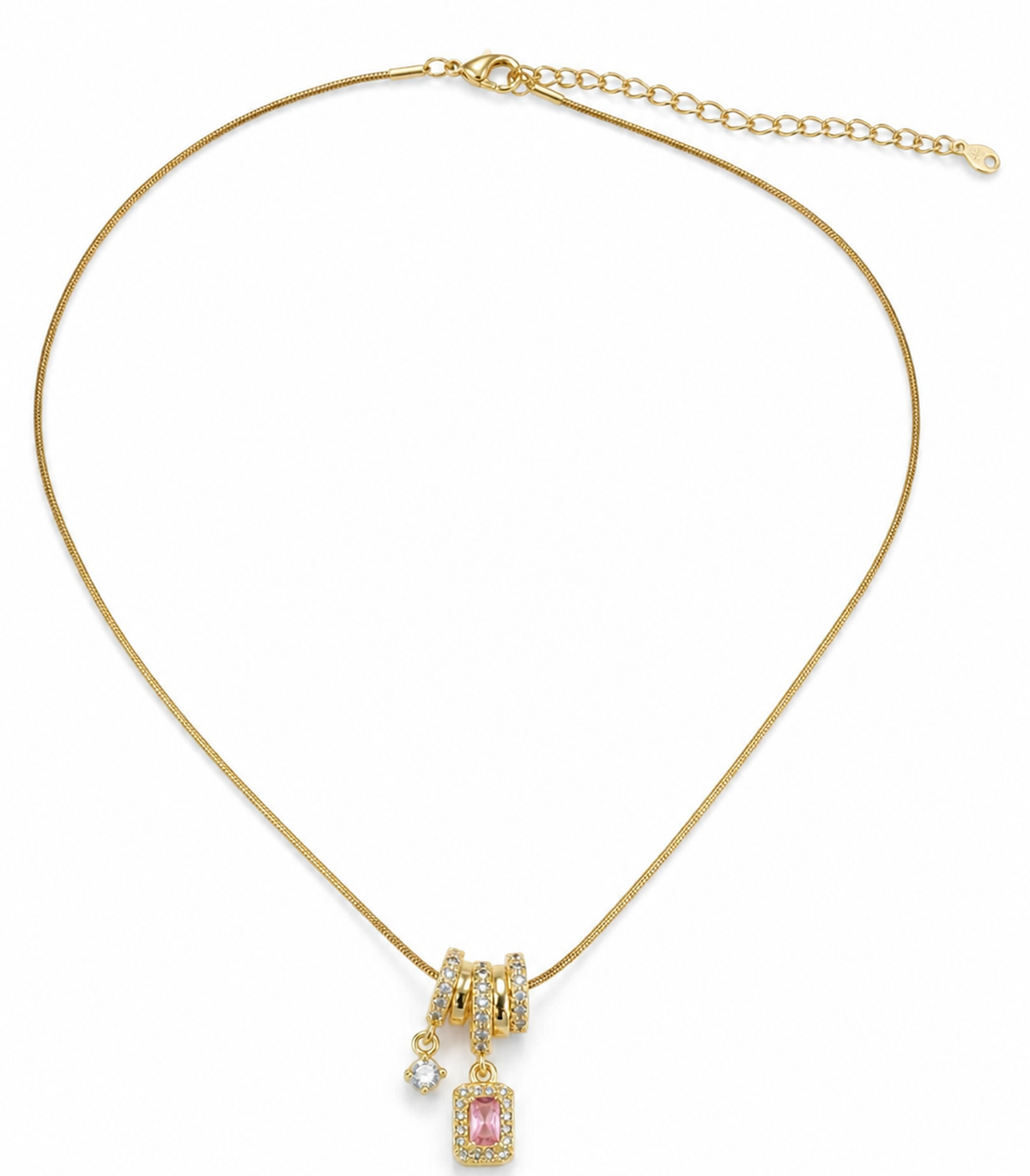Pink Baguette Charm Necklace on white background