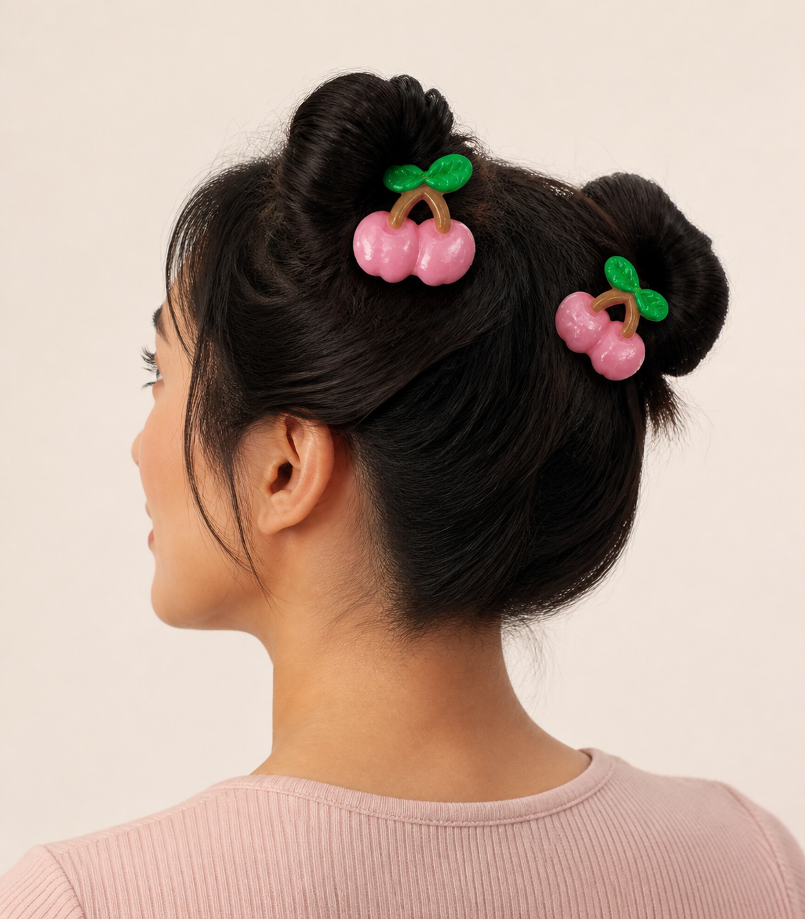 Pink Cherry Barrette Pair worn in hair