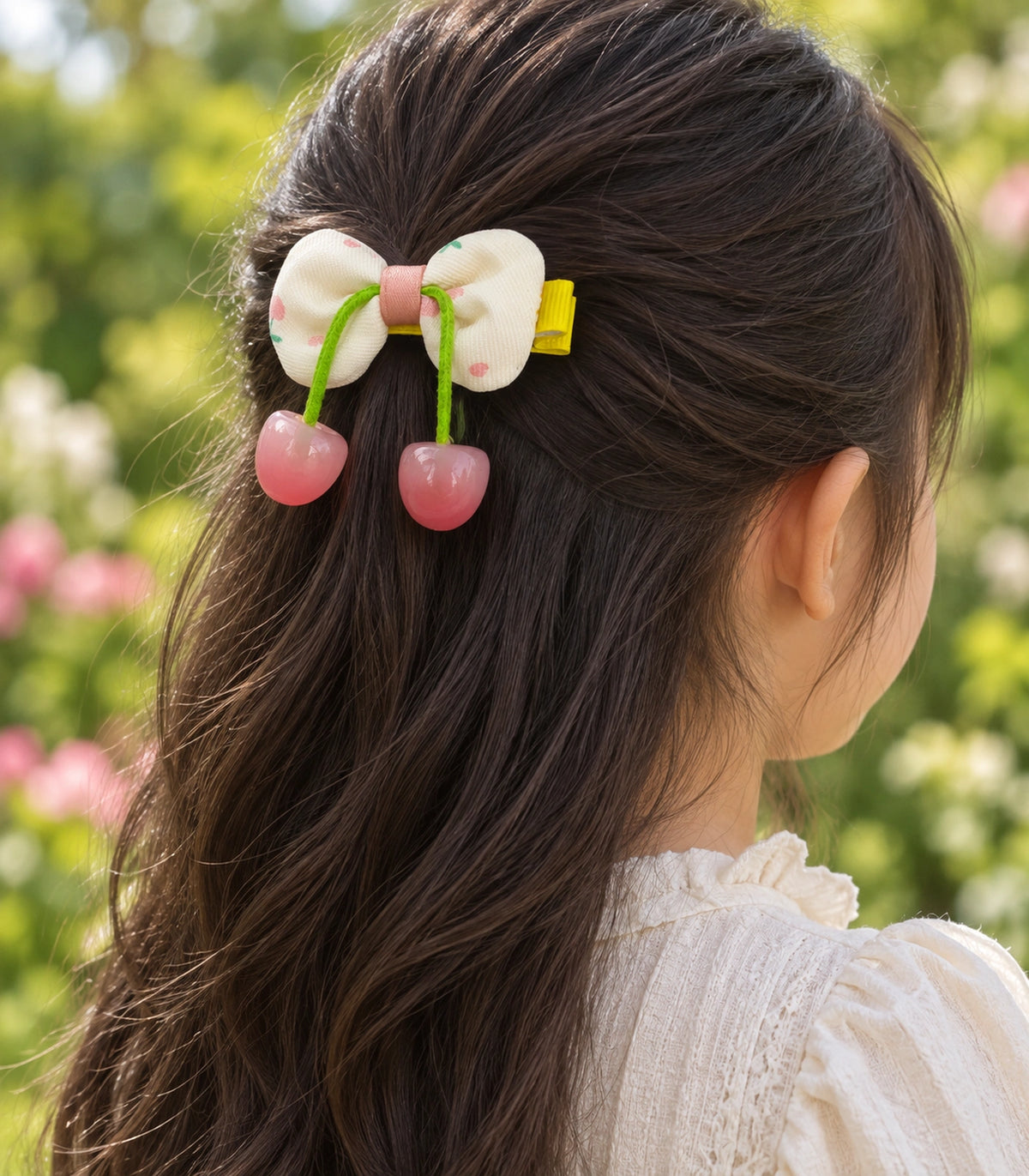 JIMIKI Cherry Print Bow Hair Clip With Cherry Charms in Pink, editorial model view #color_pink