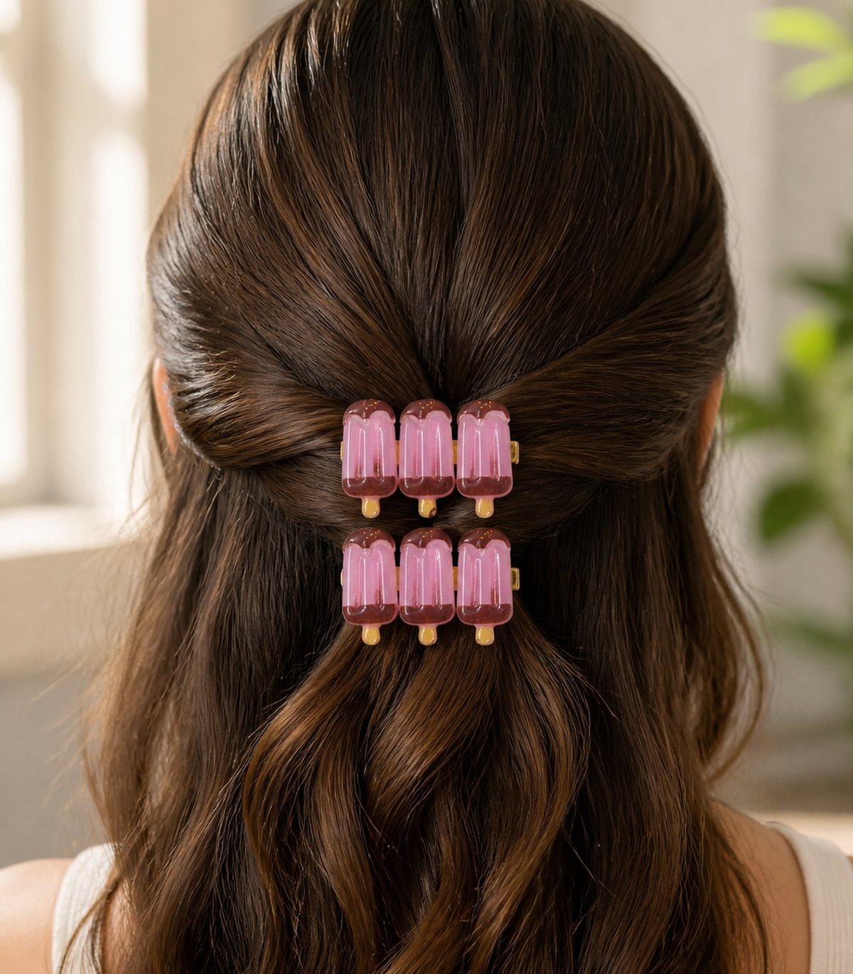 Pink Chocolate Iced Pop Trio Clip Pair worn in hair