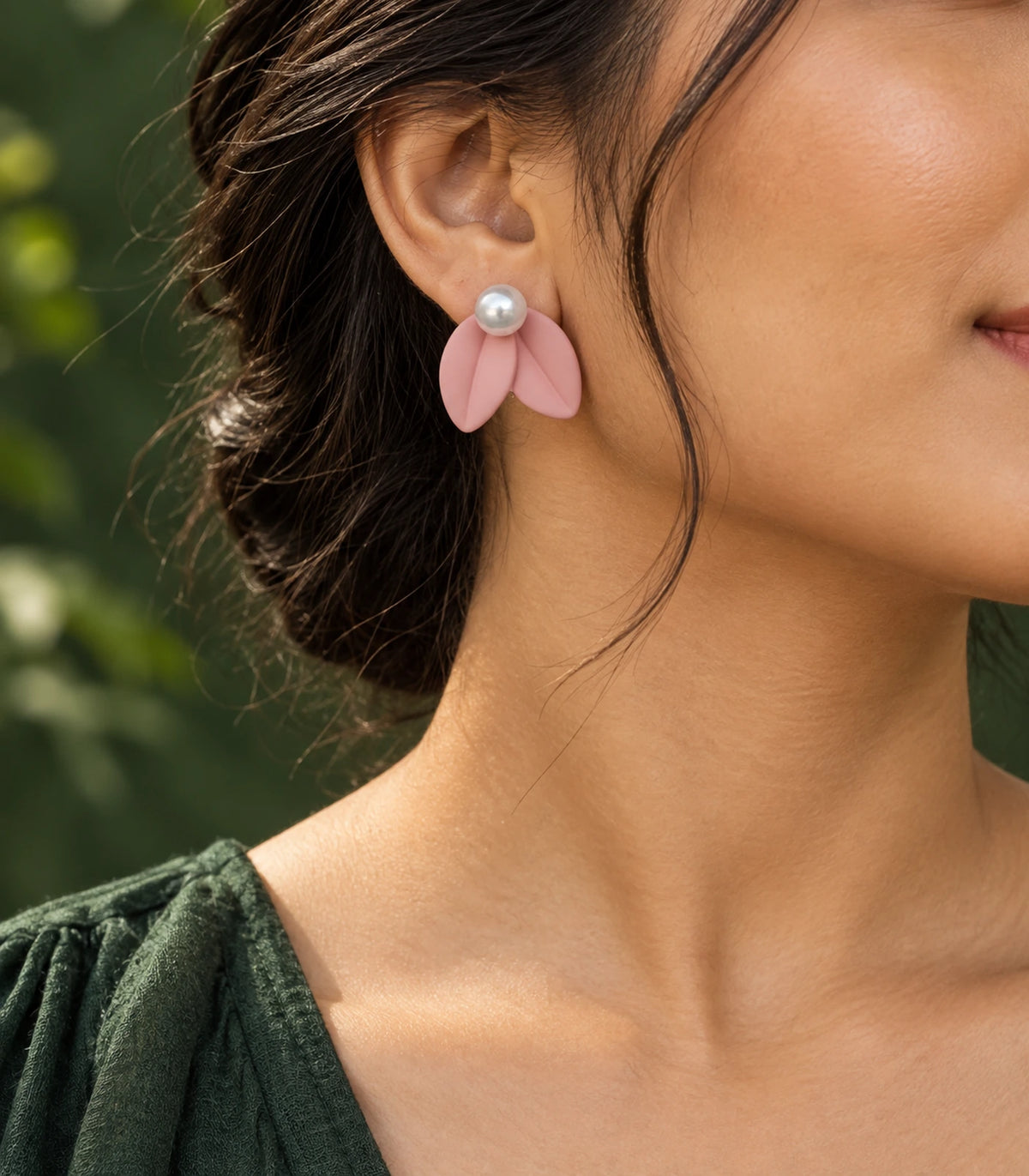 JIMIKI Double Leaf Pearl Stud Earrings in Pink — earrings styled with an outfit #color_pink