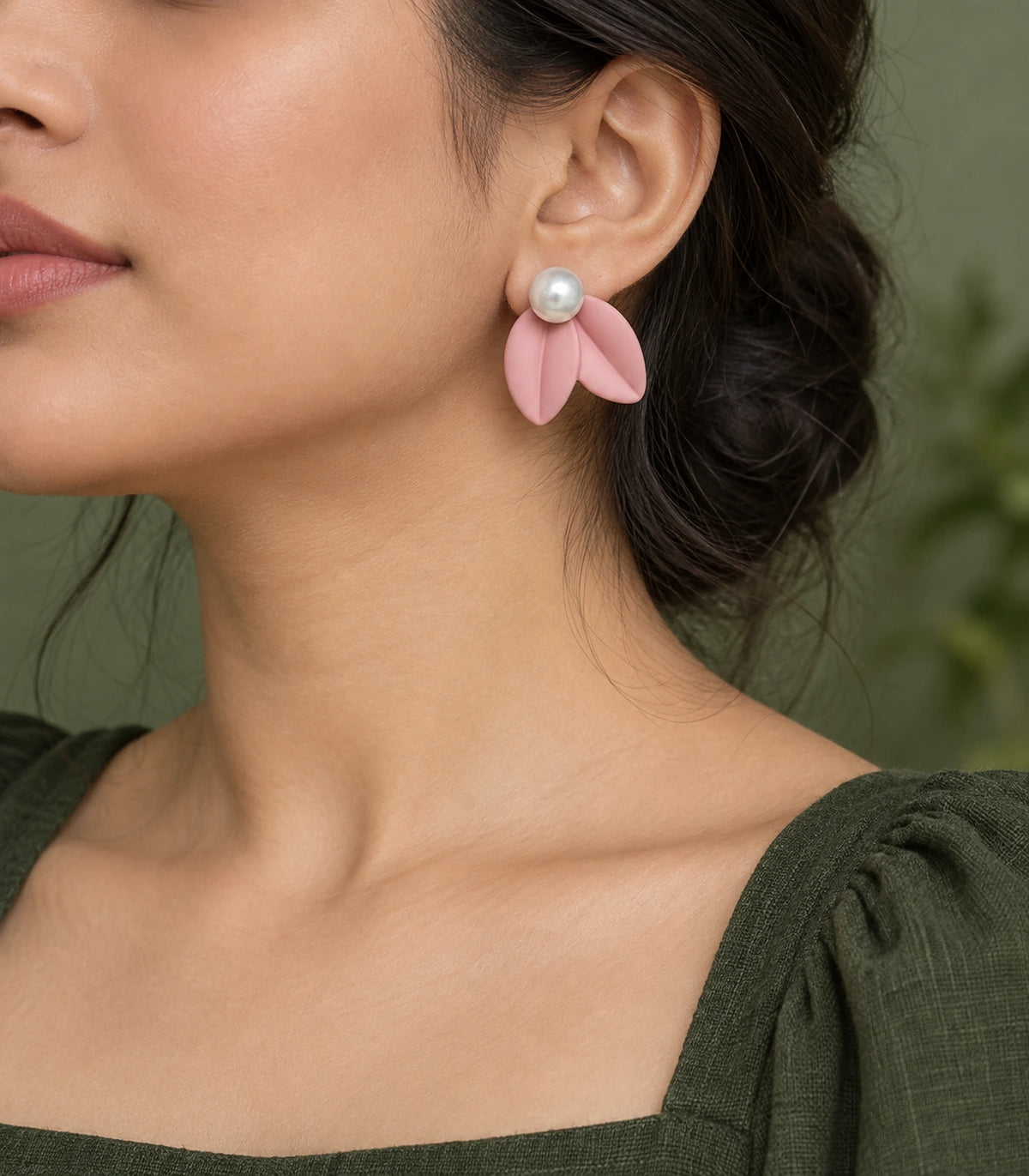 JIMIKI Double Leaf Pearl Stud Earrings in Pink — earrings worn on the ear #color_pink