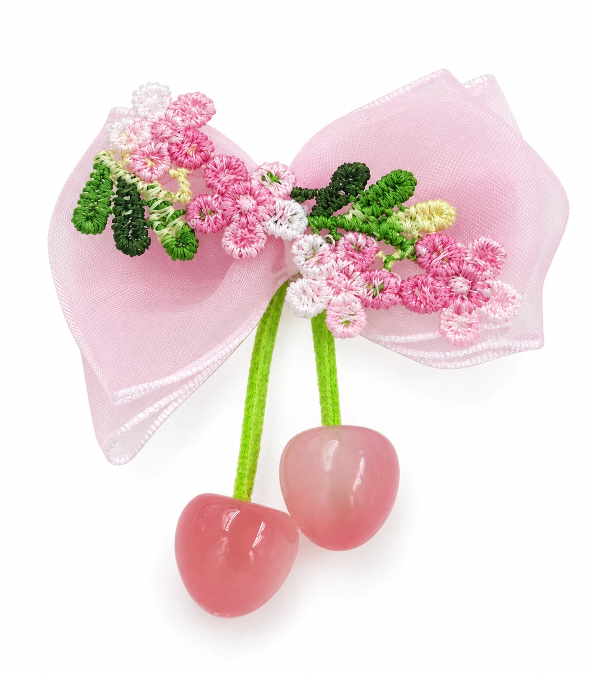 JIMIKI Pink Embroidered Bow Hair Clip with Cherry Charms in Pink, white background product view